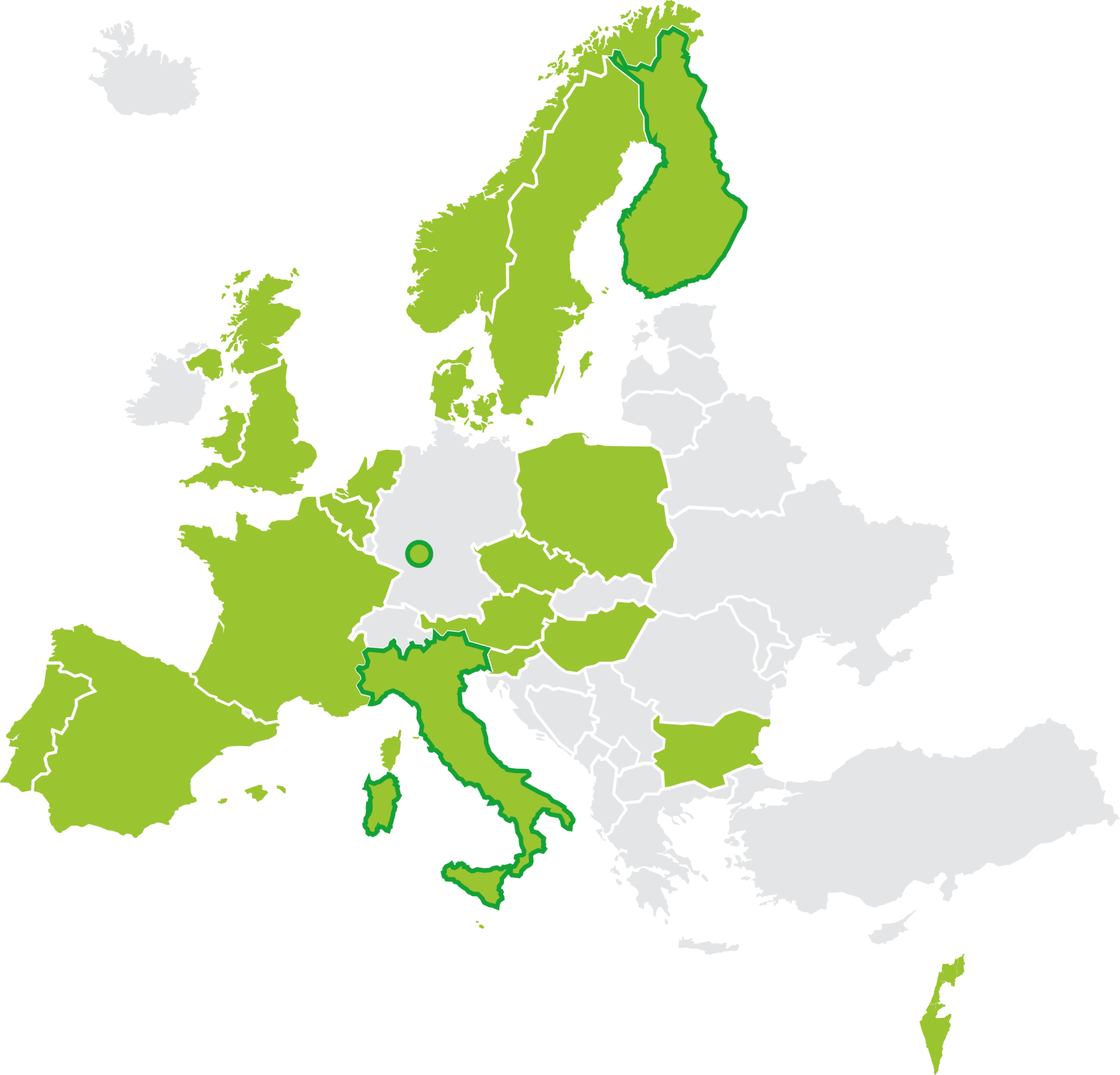 A map of the current Member States in Europe, and Israel, with the distinction of the countries where the Hub is hosted (Finland, Germany, Italy).