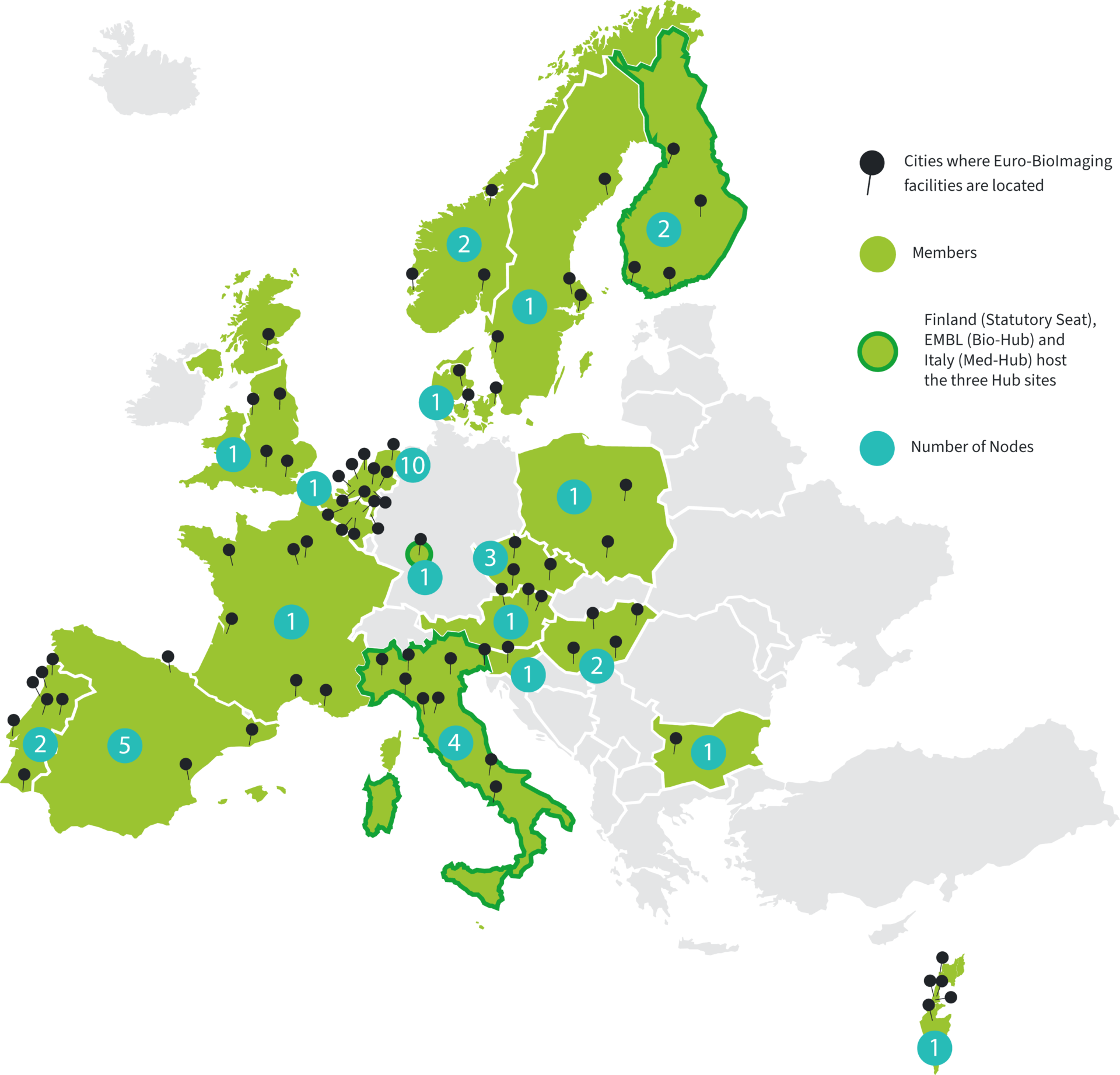 Euro-BioImaging Map of member countries, Nodes and facility sites. 