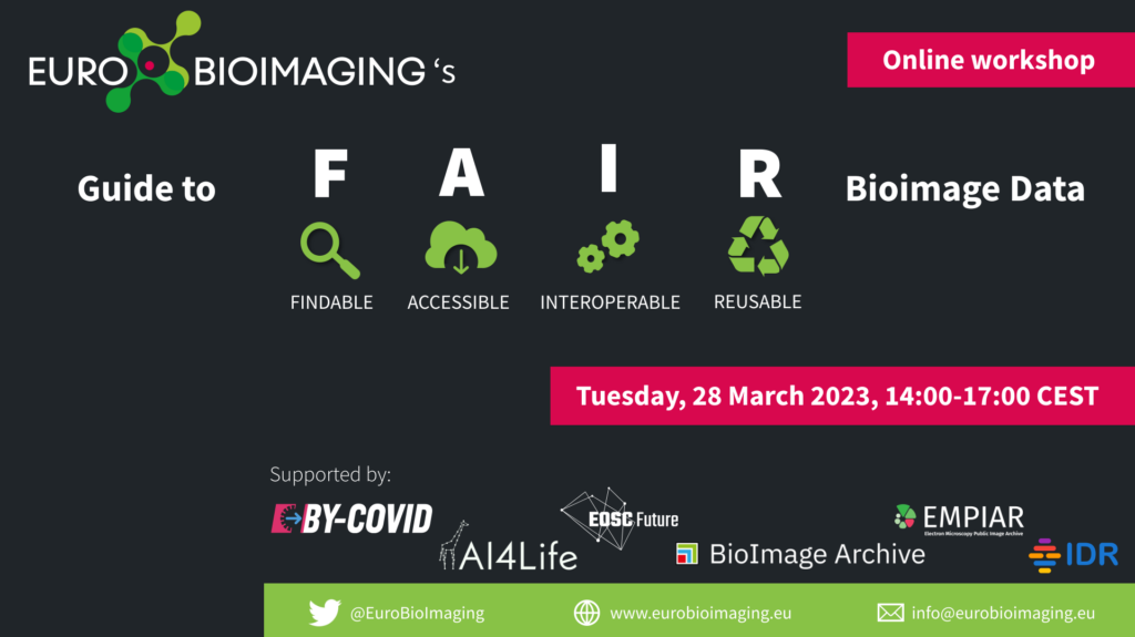 Announcement graphic of "Euro-BioImaging's Guide to FAIR BioImage Data" online workshop in 2023