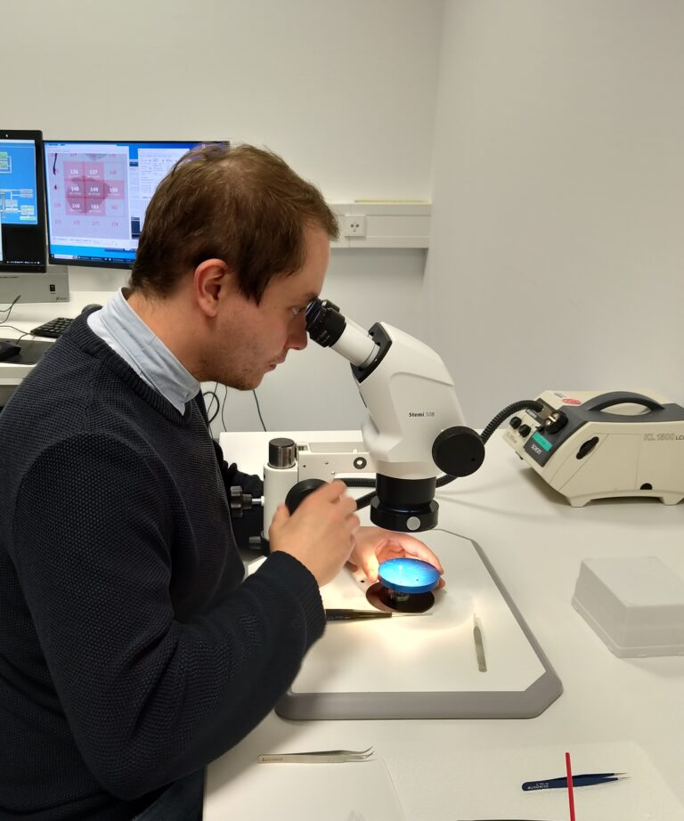 Nedal Darif examines one of the resin blocks that contain miniscule slice of the mosquito midgut in preparation for Electron Microscopy.