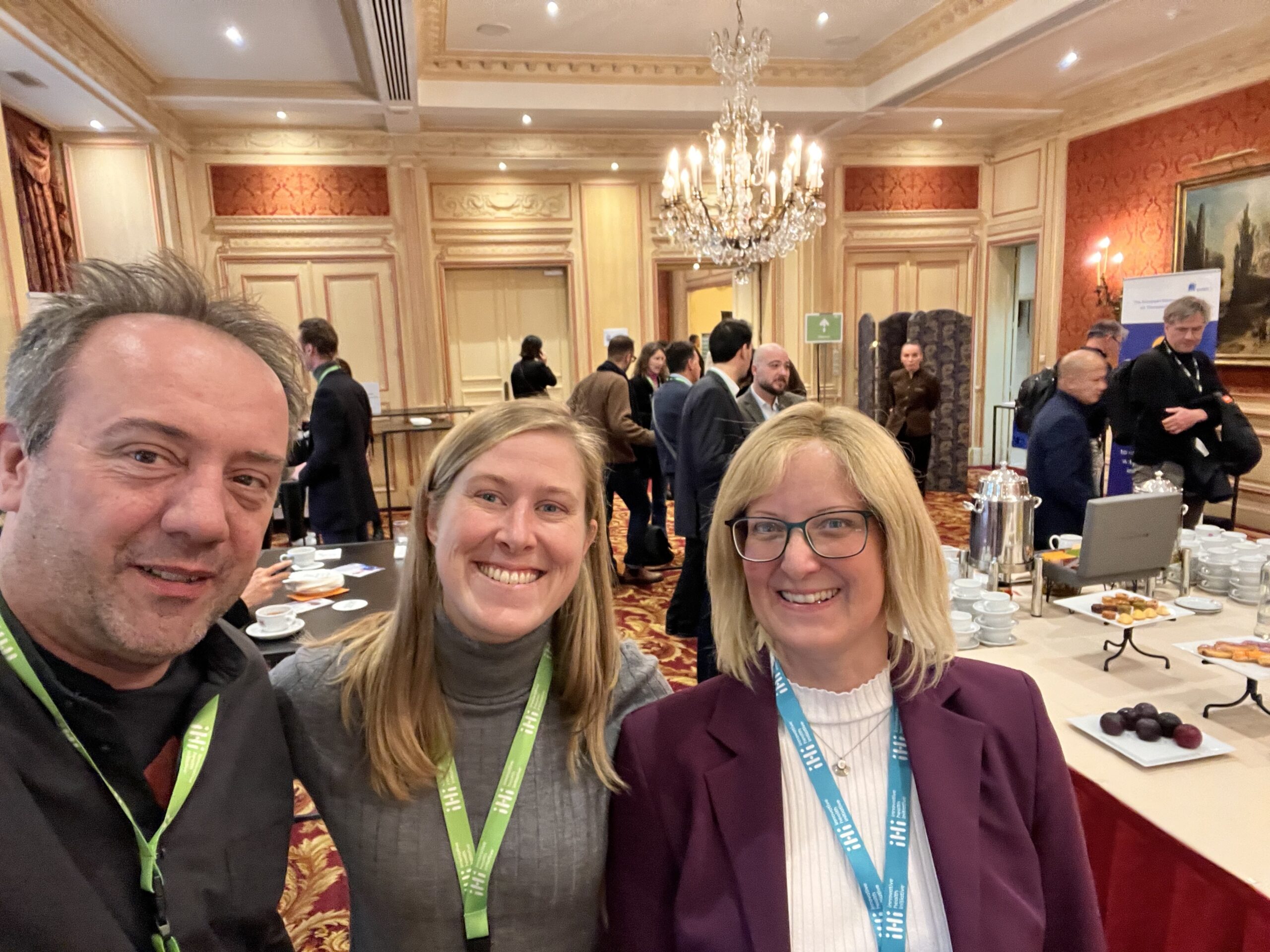 Stefaan Vandenberghe (Flanders BioImaging Node) and Theodora Stewart (UK Node) with Euro-BioImaging Hut team member Claudia Pfander at the IHI Brokerage Event 2024.