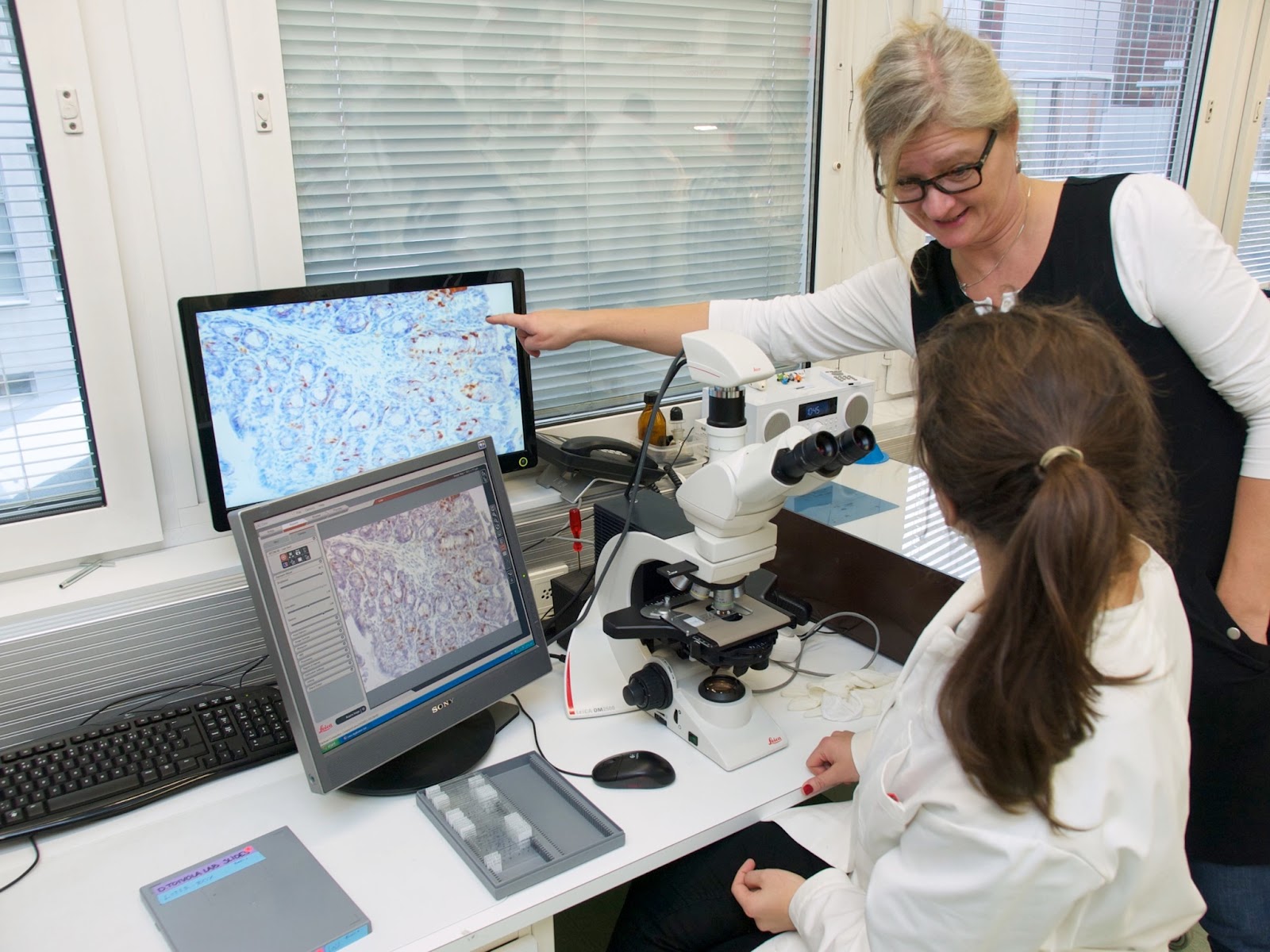 Diana Toivola, of the Turku BioImaging MSc in Biomedical Imaging, interacts with a student at the microscope.
