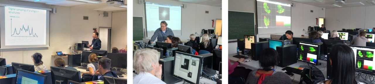 NorMIC provided a virtual practical course in image analysis to over 70 students at 2021 – including 30 located outside of Norway - with a central server.  Photos (courtesy of NORMIC) of the 2019 NorMIC workshop (Physical workshop).